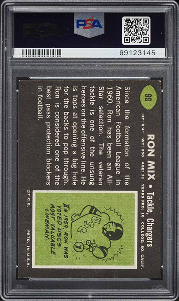 1969 Topps FB Card # 99 Ron Mix San Diego Chargers HOF PSA 8 NM-MT (MGD2)