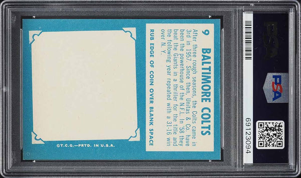 1961 Topps FB Card # 9 Baltimore Colts TEAM CARD PSA 8 NM-MT (MGD2)