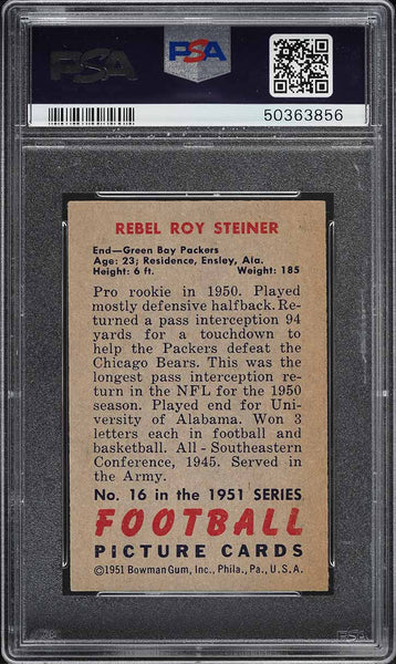 1951 Bowman FB Card # 16 Rebel Roy Steiner Green Bay Packers ROOKIE RC PSA 8 (MGD2)