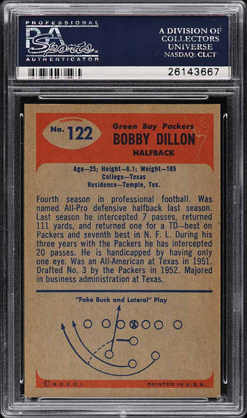 1955 Bowman FB Card #122 Bobby Dillon Green Bay Packers HOF PSA 8 NM-MT (MGD2)