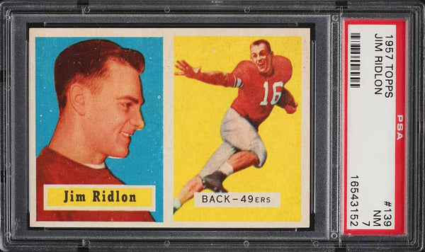 1957 Topps FB Card #139 Jim Ridlon San Francisco 49ers ROOKIE RC PSA 7 NRMT (MGD2)