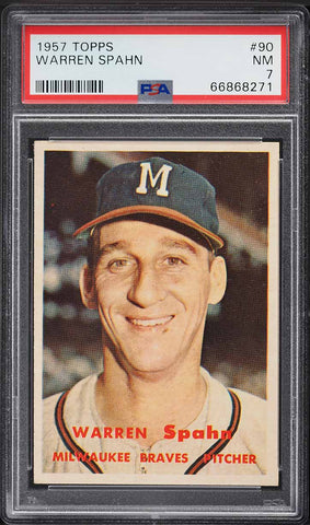 1957 Topps BB Card # 90 Warren Spahn Milwaukee Braves HOF PSA 7 NRMT (MGD2)