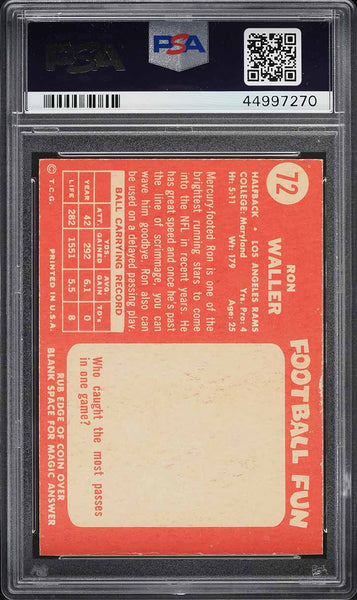 1958 Topps FB Card # 72 Ron Waller Los Angeles Rams PSA 7 NRMT (MGD2)