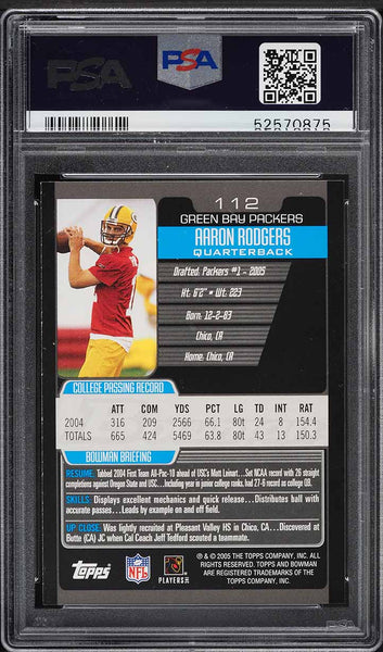 2005 Bowman FB Card #112 Aaron Rodgers Green Bay Packers ROOKIE RC PSA 9 MINT (MGD2)