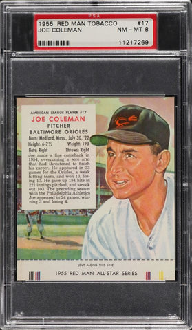 1955 Red Man Tobacco BB Card # 17 Joe Coleman Baltimore Orioles PSA 8 NM-MT (MGD2)