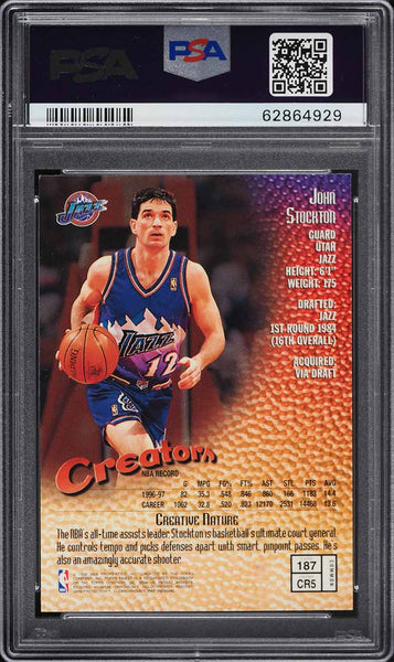 1997 Finest BkB Card #187 John Stockton Utah Jazz HOF PSA 9 MINT (MGD2)