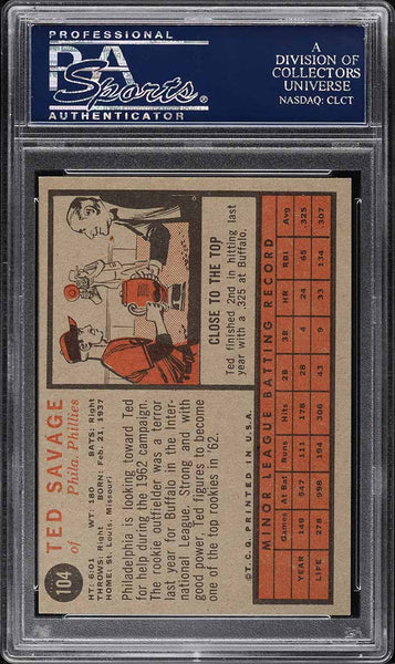 1962 Topps BB Card #104 Ted Savage Philadelphia Phillies STAR ROOKIE PSA 8 NM-MT (MGD2)