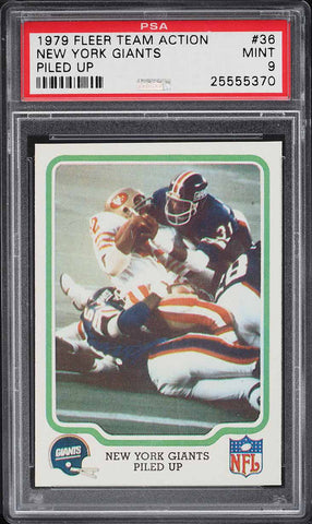 1979 Fleer Teams in Action FB Card # 36 New York Giants PILED UP PSA 9 MINT (MGD2)