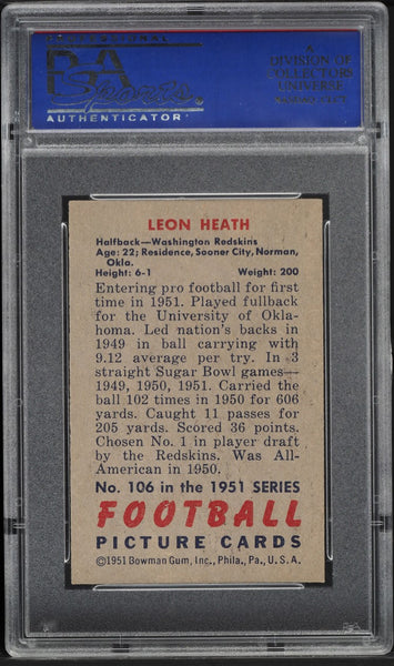 1951 Bowman FB Card #106 Leon Heath Washington Redskins ROOKIE RC PSA 7 NRMT (MGD2)