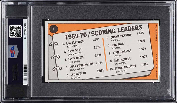 1970 Topps BkB Card # 1 Lew Alcindor Jerry West Elvin Hayes HOF LDRS PSA 7 NRMT (MGD2)