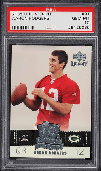 2005 Upper Deck Kickoff FB Card # 91 Aaron Rodgers ROOKIE RC PSA 10 GEM MINT (MGD2)