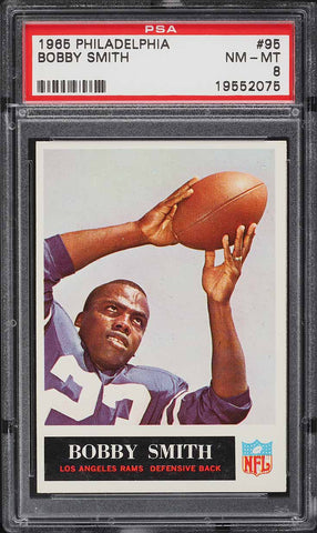 1965 Philadelphia FB Card # 95 Bobby Smith LA Rams ROOKIE RC PSA 8 NM-MT (MGD2)