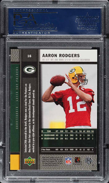 2005 Upper Deck Rookie Premiere FB Card # 16 Aaron Rodgers RC PSA 10 GEM MINT (MGD2)