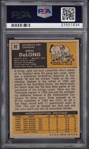 1971 Topps FB Card # 92 Steve DeLong San Diego Chargers HOF PSA 8 NM-MT (MGD2)