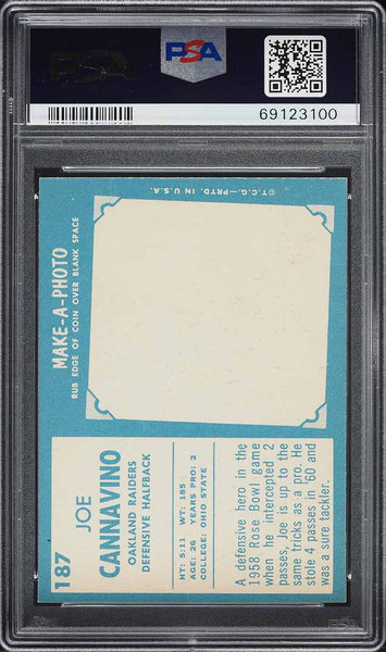 1961 Topps FB Card #187 Joe Cannavino Oakland Raiders ROOKIE RC PSA 8 NM-MT (MGD2)