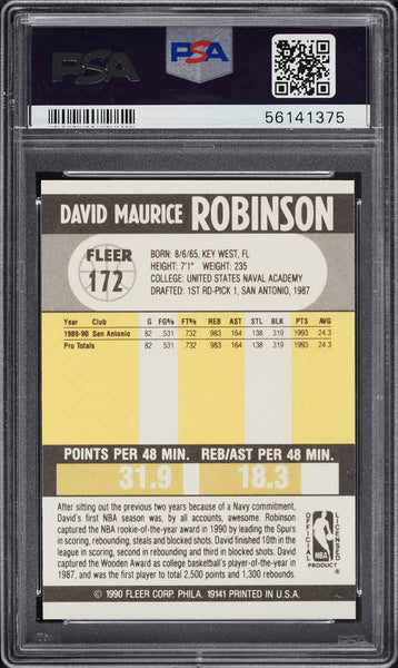 1990 Fleer BkB Card #172 David Robinson SA Spurs HOF ROOKIE RC PSA 10 GEM MINT (MGD2)