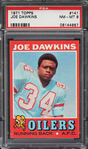 1971 Topps FB Card #141 Joe Dawkins Houston Oilers ROOKIE RC PSA 8 NM-MT (MGD2)