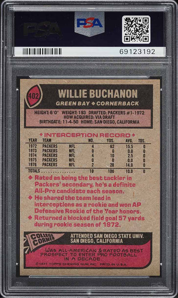 1977 Topps FB Card #402 Willie Buchanon Green Bay Packers HOF PSA 8 NM-MT (MGD2)