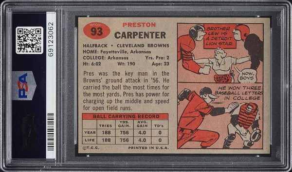 1957 Topps FB Card # 93 Preston Carpenter Cleveland Browns ROOKIE RC PSA 7 NRMT (MGD2)