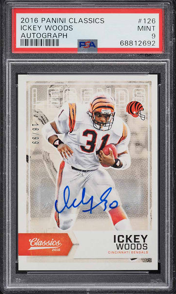 2016 Prime Classics FB Card #126 Ickey Woods Bengals AUTO /99 PSA 9 MINT (MGD2)