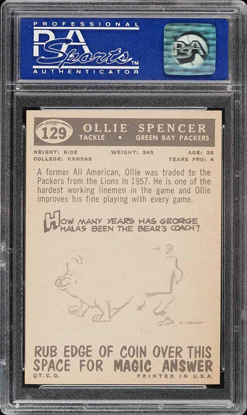 1959 Topps FB Card #129 Ollie Spencer PSA 8 NM-MT (MGD2)