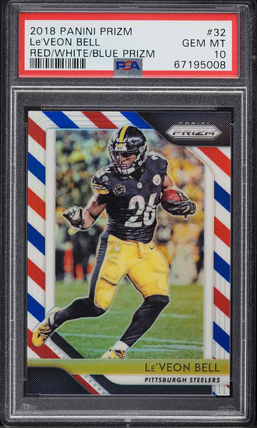 2018 Panini Prizm FB Card # 32 Le'Veon Bell RED WHITE BLUE PRIZM PSA 10 GEM MINT (MGD2)