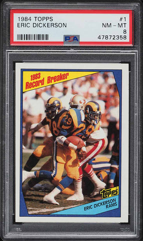 1984 Topps FB Card # 1 Eric Dickerson Rams ROOKIE RC RECORD BREAKER PSA 8 NM-MT (MGD2)