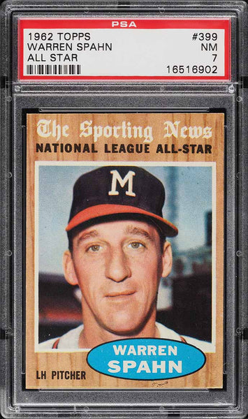 1962 Topps BB Card #399 Warren Spahn Milwaukee Braves ALL-STAR HOF PSA 7 NRMT (MGD2)