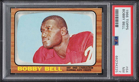 1966 Topps FB Card # 64 Bobby Bell Kansas City Chiefs HOF PSA 7 NRMT (MGD2)