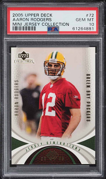 2005 Upper Deck FB Card # 72 Aaron Rodgers ROOKIE MINI JERSEY COLLECTION PSA 10 (MGD2)