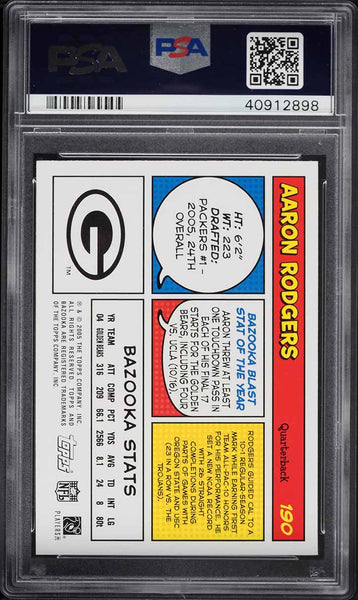 2005 Bazooka FB Card #190 Aaron Rodgers Green Bay Packers ROOKIE RC PSA 9 MINT (MGD2)