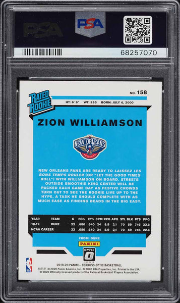 2019 Donruss Optic BkB Card #158 Zion Williamson ROOKIE RC PSA 10 GEM MINT (MGD2)