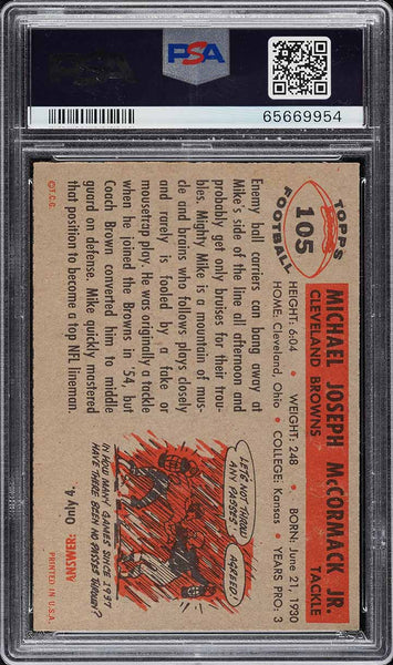 1956 Topps FB Card #105 Mike McCormack Cleveland Browns HOF PSA 8 NM-MT (MGD2)