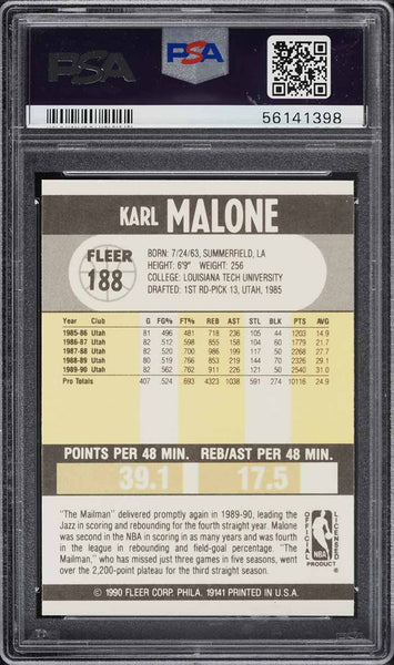 1990 Fleer BkB Card #188 Karl Malone Utah Jazz HOF PSA 10 GEM MINT (MGD2)