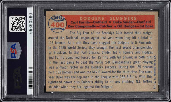 1957 Topps BB Card #400 Duke Snider, Campanella, Hodges, DODGERS SLUGGERS PSA 7 (MGD3)