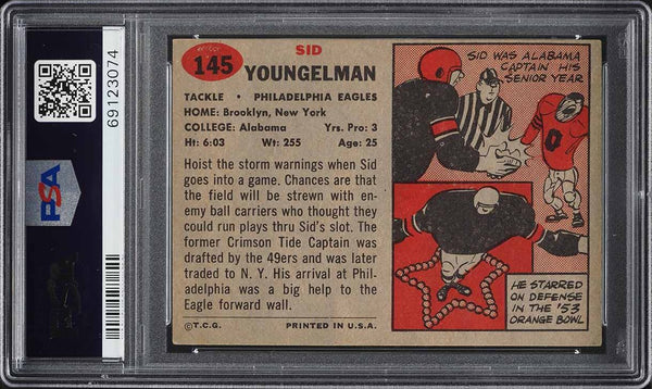 1957 Topps FB Card #145 Sid Youngelman Philadelphia Eagles ROOKIE PSA 4.5 VGEX+ (MGD2)