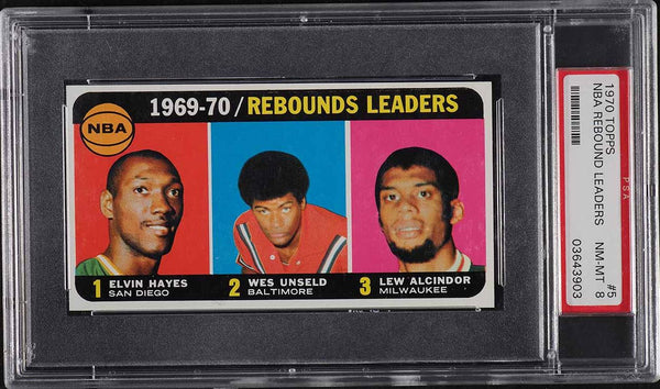 1970 Topps Bkb Card # 5 Hayes Wes Unseld Lew Alcindor REBOUND LDRS PSA 8 NM-MT (MGD2)