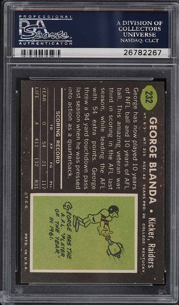 1969 Topps FB Card #232 George Blanda Oakland Raiders HOF PSA 8 NM-MT(MGD2)