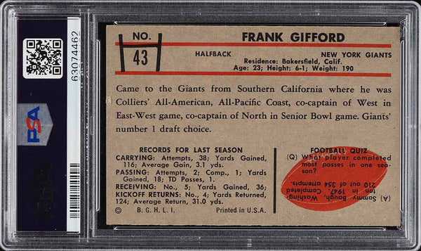 1953 Bowman FB Card # 43 Frank Gifford SHORT PRINT HOF PSA 6 EXMT (MGD2)