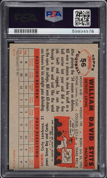 1956 Topps FB Card # 56 Bill Stits Detroit Lions ROOKIE RC PSA 7 NRMT (MGD2)