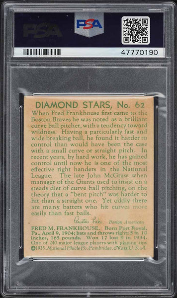 1935 Diamond Stars BB Card # 62 Fred Frankhouse Boston Braves PSA 4 VGEX (MGD2)