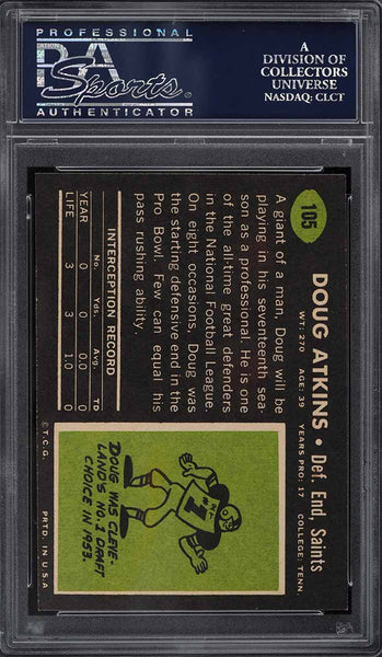 1969 Topps FB Card #105 Doug Atkins New Orleans Saints HOF PSA 8 NM-MT (MGD2)