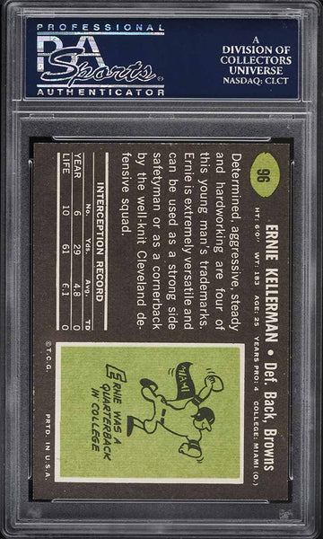 1969 Topps FB Card # 96 Ernie Kellerman Cleveland Browns ROOKIE RC PSA 8 NM-MT (MGD2)