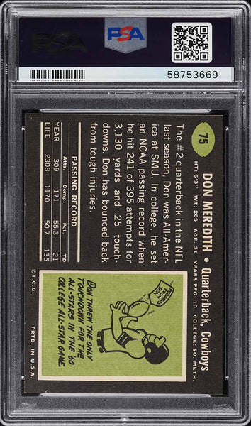 1969 Topps FB Card # 75 Don Meredith Dallas Cowboys HOF PSA 8 NM-MT (MGD2)