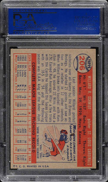 1957 Topps BB Card #206 Willard Schmidt St. Louis Cardinals PSA 8 NM-MT (MGD2)