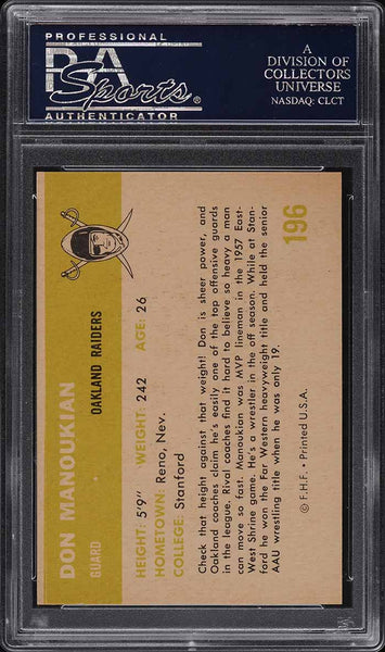 1961 Fleer FB Card #196 Don Manoukian Oakland Raiders ROOKIE RC SP PSA 8 NM-MT (MGD2)