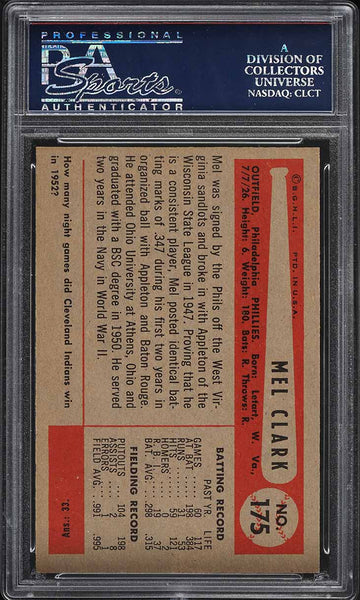 1954 Bowman BB Card #175 Mel Clark Philadelphia Phillies PSA 8 NM-MT (MGD2)