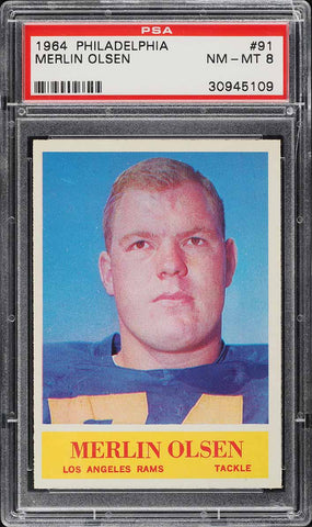 1964 Philadelphia FB Card # 91 Merlin Olsen ROOKIE RC HOF PSA 8 NM-MT (MGD2)