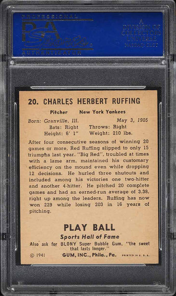 1941 Play Ball BB Card # 20 Red Ruffing New York Yankees HOF PSA 7 NRMT (MGD2)