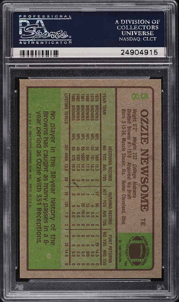 1984 Topps FB Card # 58 Ozzie Newsome Cleveland Browns HOF PSA 10 GEM MINT (MGD2)